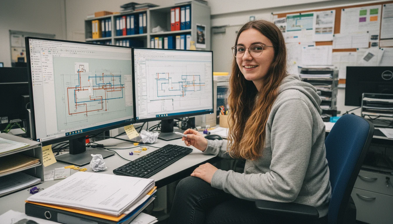 Technische Systemplanerin in der Fachrichtung Versorgungs- und Ausrüstungstechnik bei der Arbeit im CAD-System