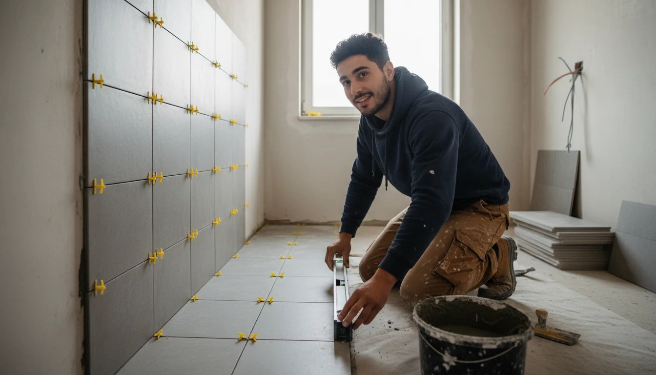Fliesen-, Platten- und Mosaiklegerin beim präzisen Verlegen großformatiger Fliesen auf vorbereitetem Untergrund