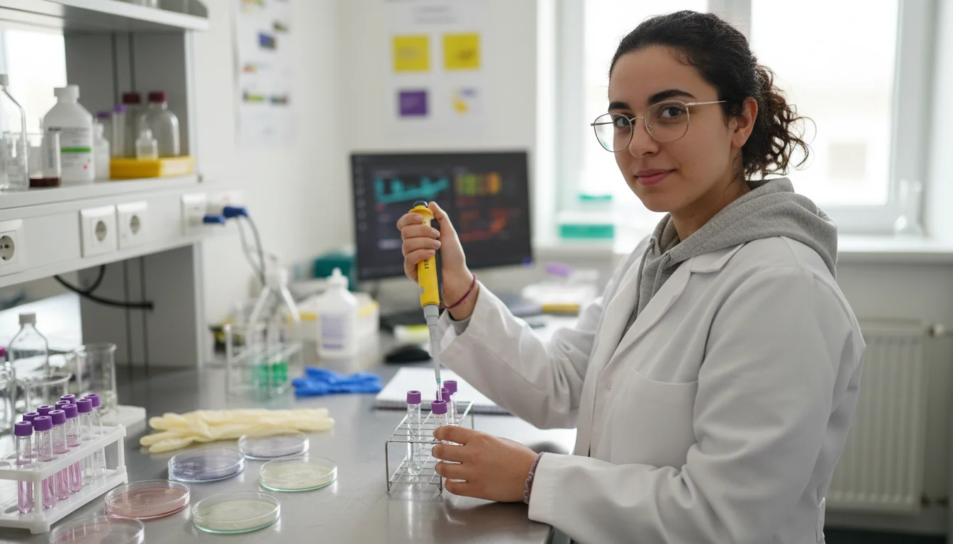 Biologielaborantin beim Pipettieren einer Probe im Labor