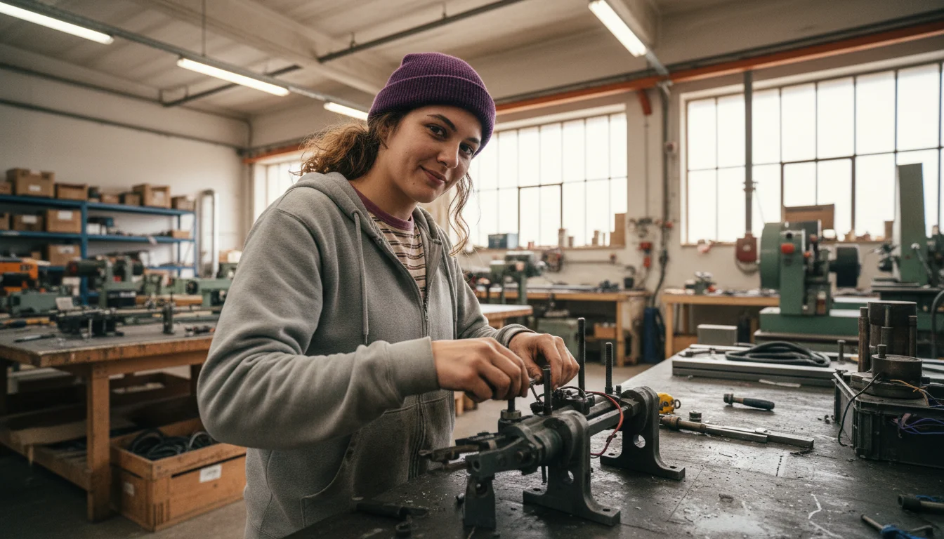 Fachkraft für Metalltechnik in der Fachrichtung Montagetechnik beim Ausrichten und Montieren einer Baugruppe