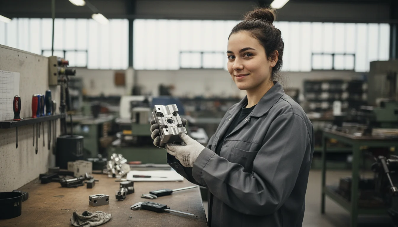 Werkzeugmechanikerin beim Prüfen eines Präzisionswerkzeugs an einer Werkbank
