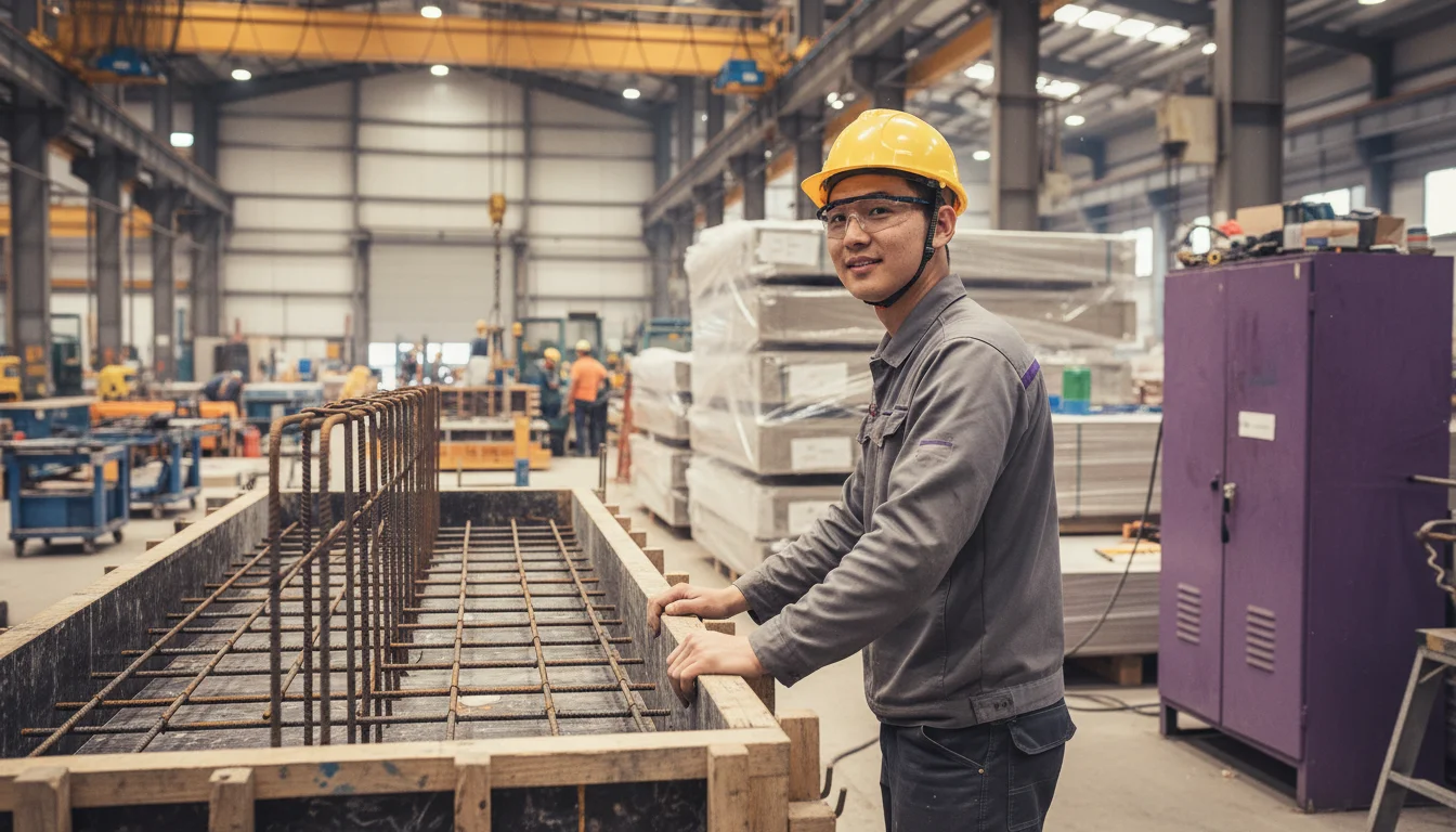 Betonfertigteilbauer bei der Kontrolle eines Betonfertigteils im Werk