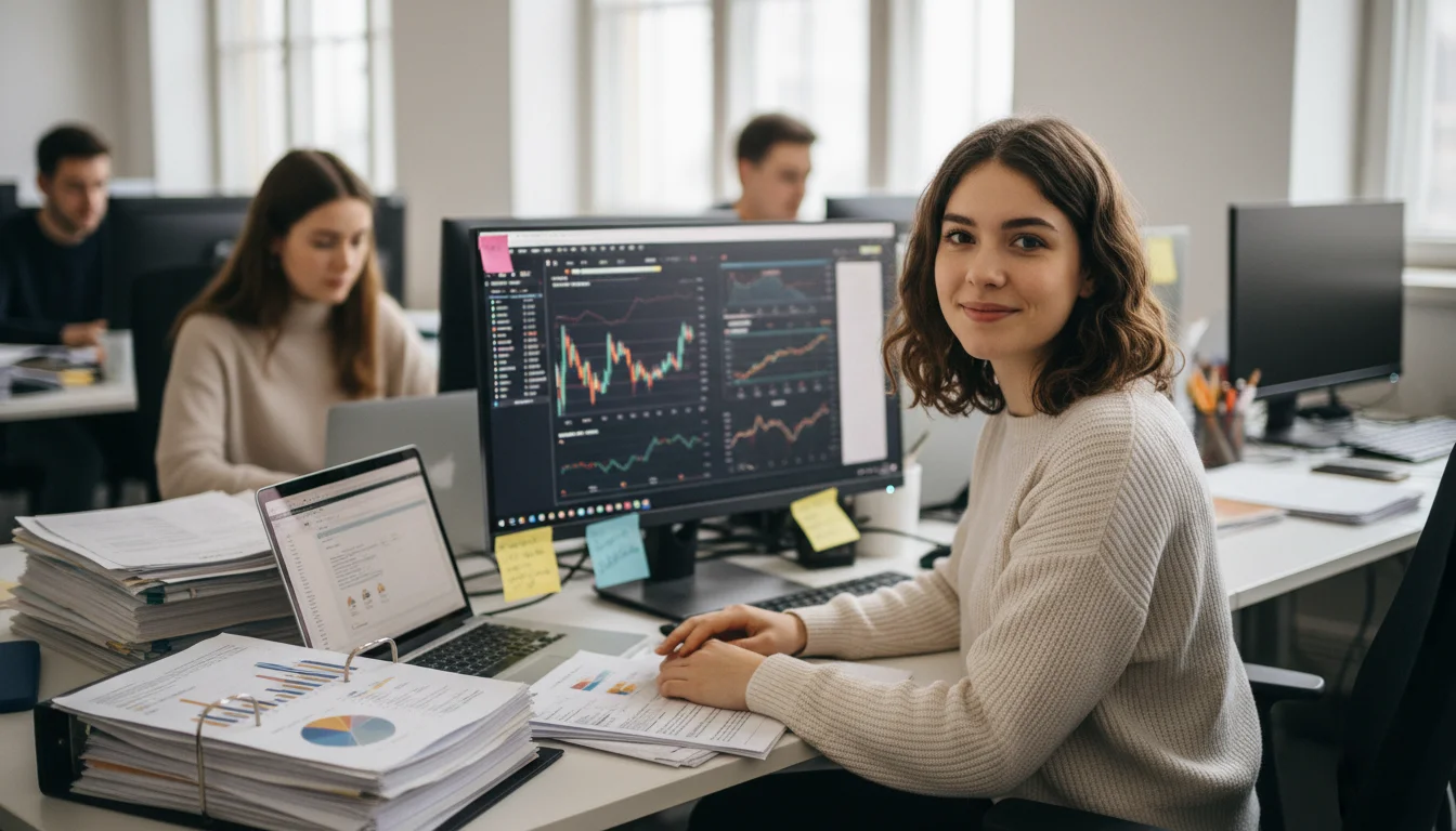 Investmentfondskauffrau bei der Analyse von Fonds- und Marktdaten an mehreren Bildschirmen