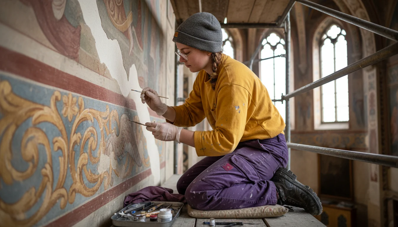 Malerin und Lackiererin bei der Restaurierung einer historischen Wandfassung in der Fachrichtung Kirchenmalerei und Denkmalpflege
