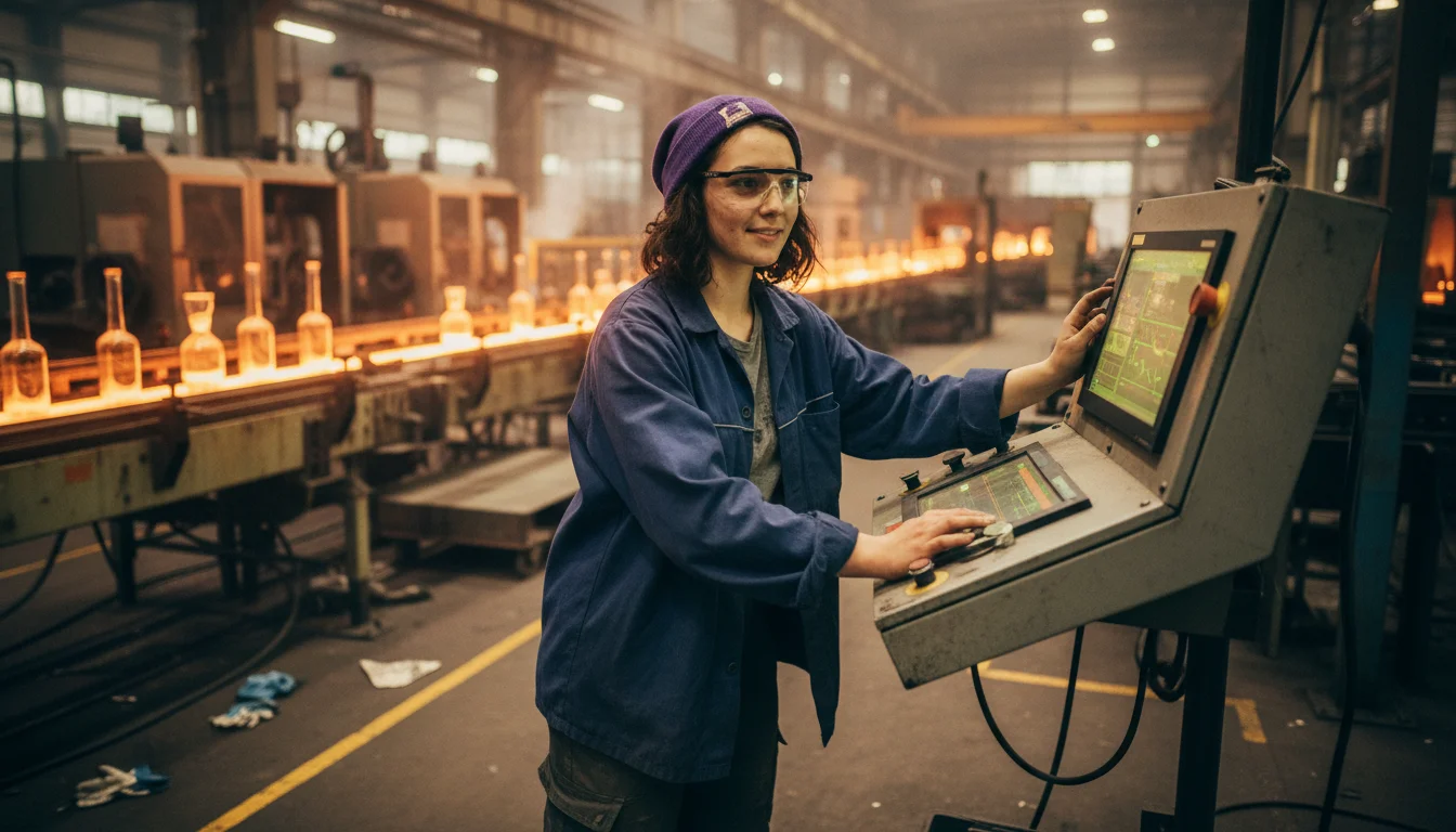 Verfahrensmechanikerin Glastechnik bei der Kontrolle einer automatisierten Glasproduktionsanlage