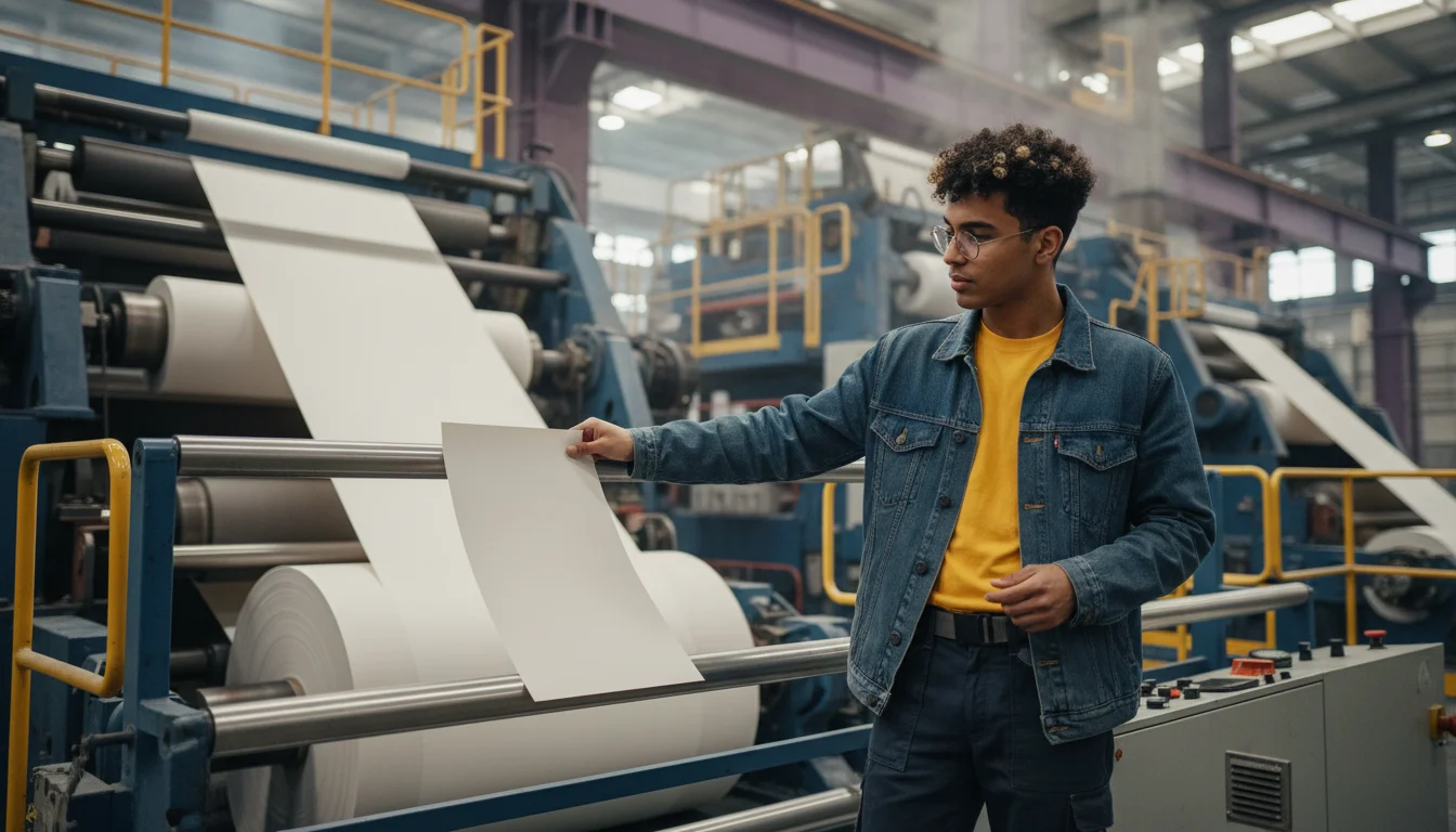Papiertechnologin bei der Überwachung einer industriellen Papiermaschine