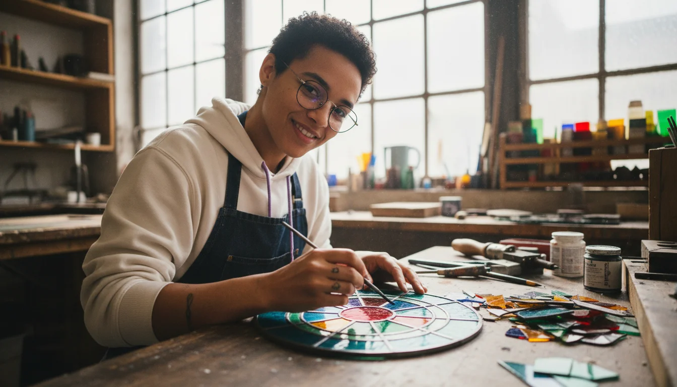 Glasveredlerin in der Fachrichtung Glasmalerei und Kunstverglasung beim Bemalen eines zugeschnittenen Farbglases