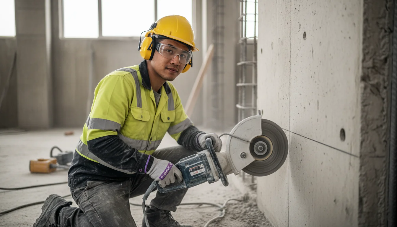 Bauwerksmechaniker für Abbruch und Betontrenntechnik beim Sägen einer Betonwand