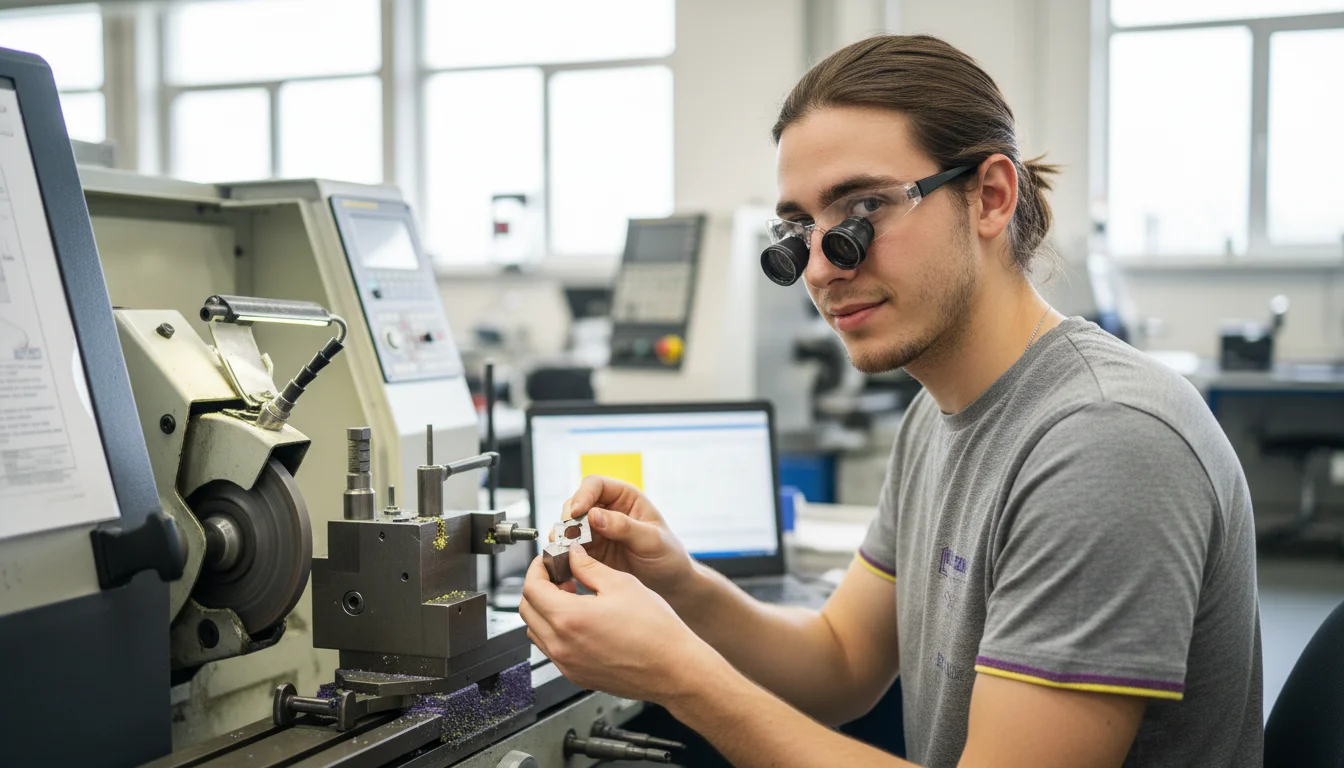 Präzisionswerkzeugmechanikerin in der Fachrichtung Schneidwerkzeuge beim Schleifen eines industriellen Schneidwerkzeugs