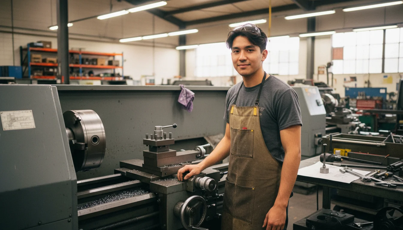 Zerspanungsmechanikerin beim Einrichten einer CNC-Fräsmaschine