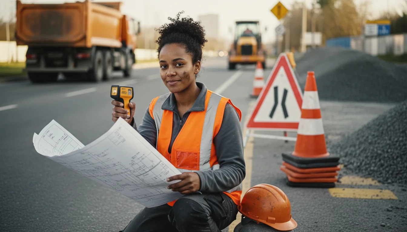 Fachkraft für Straßen- und Verkehrstechnik bei einer Vermessung an einer Straßenbaustelle