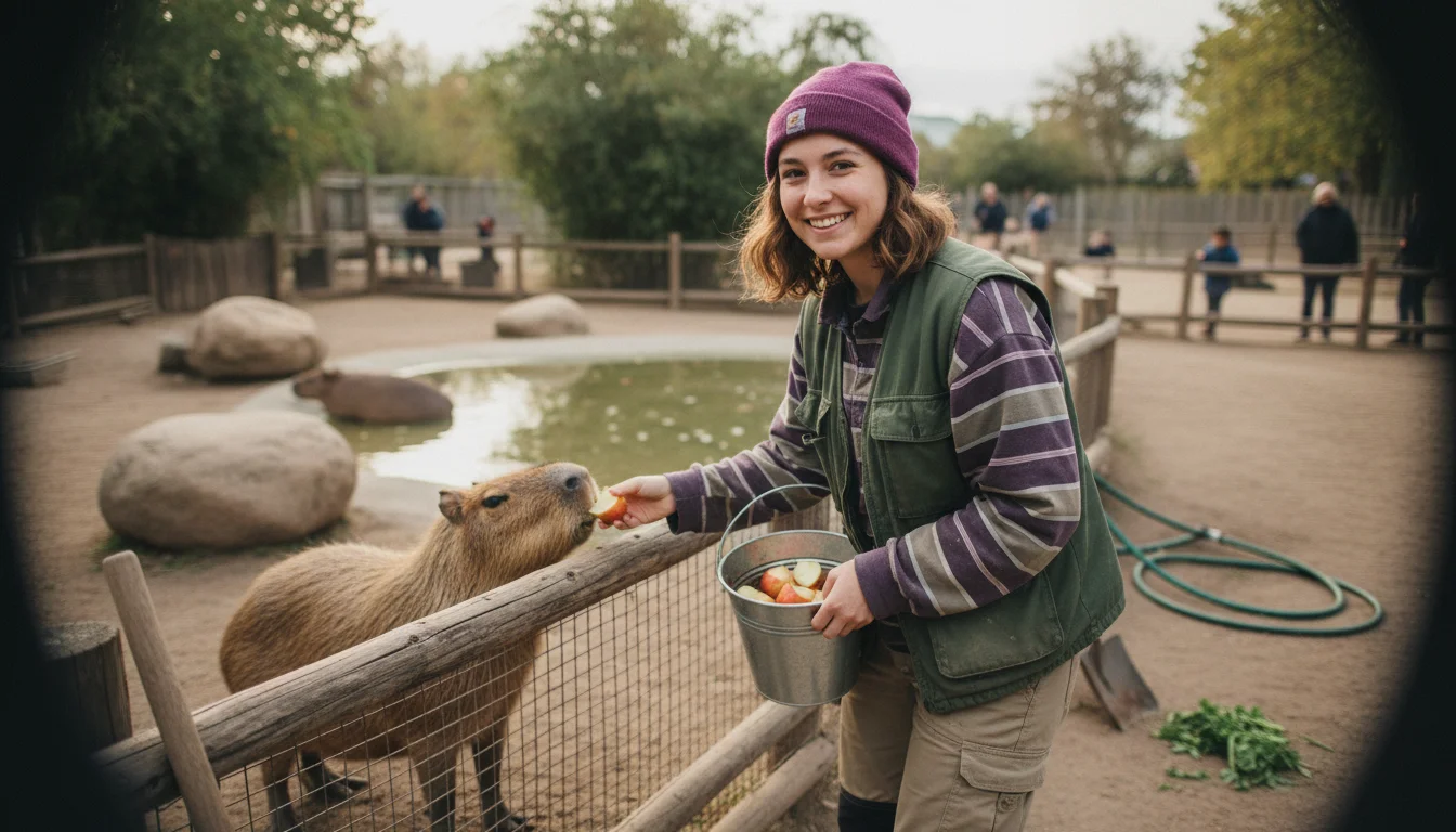 Tierpflegerin in der Fachrichtung Zoo bei der fachgerechten Versorgung eines Tieres