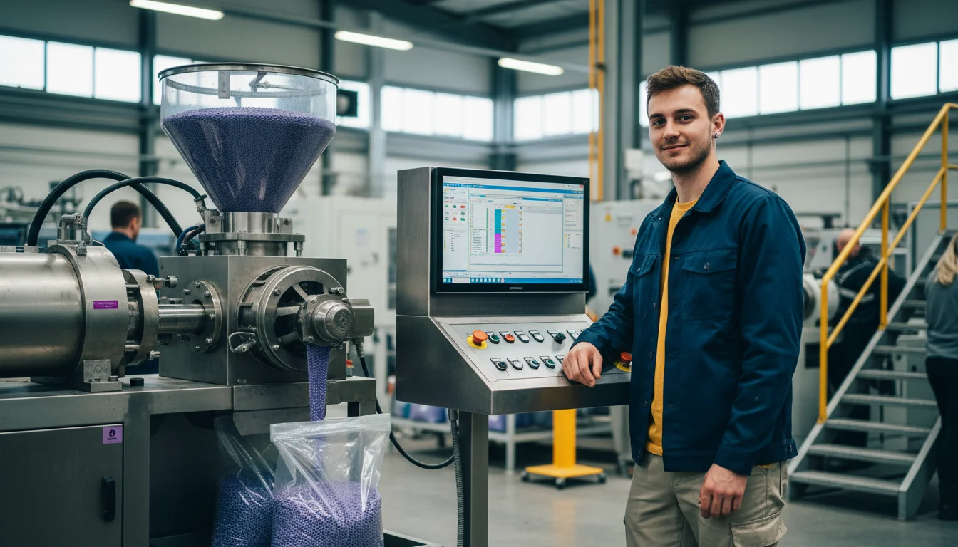 Kunststoff- und Kautschuktechnologe bei der Herstellung eines farbigen Masterbatches in der Fachrichtung Compound- und Masterbatchherstellung