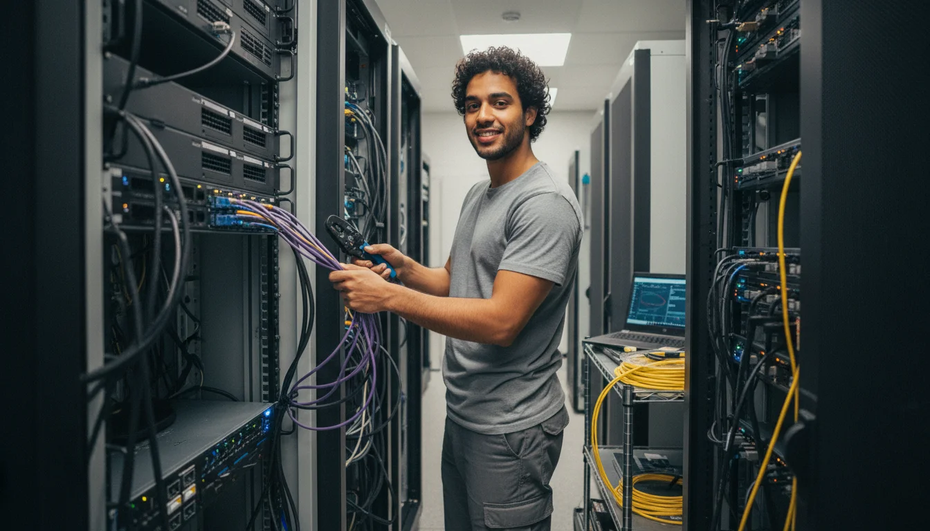 IT-System-Elektronikerin beim Installieren und Prüfen von Netzwerkkomponenten in einem Serverschrank