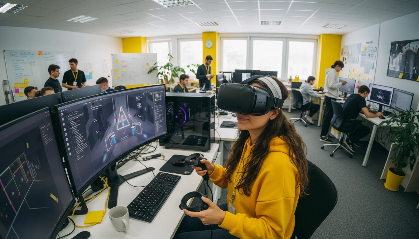 Gestalterin für immersive Medien bei der Entwicklung einer interaktiven 3D-Anwendung mit VR-Headset