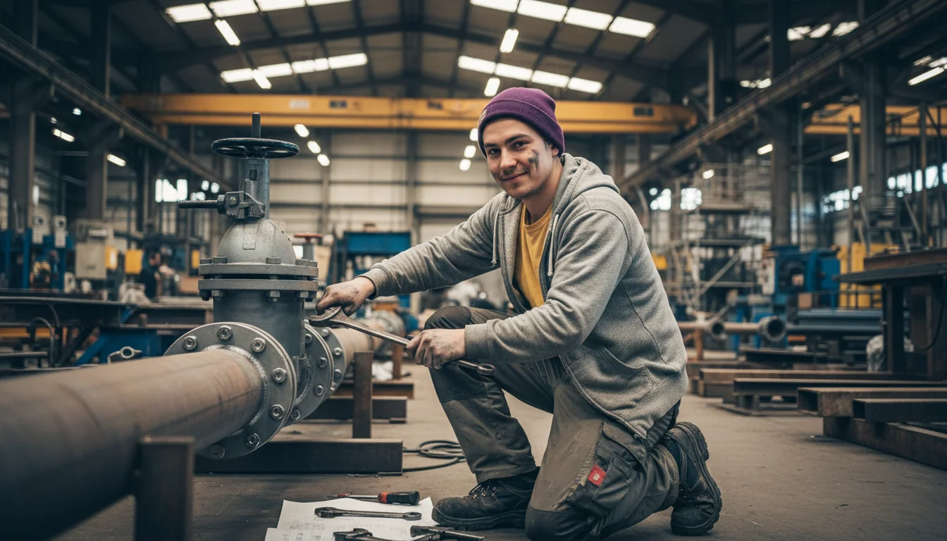 Anlagenmechaniker bei der Montage einer industriellen Rohrleitungsanlage