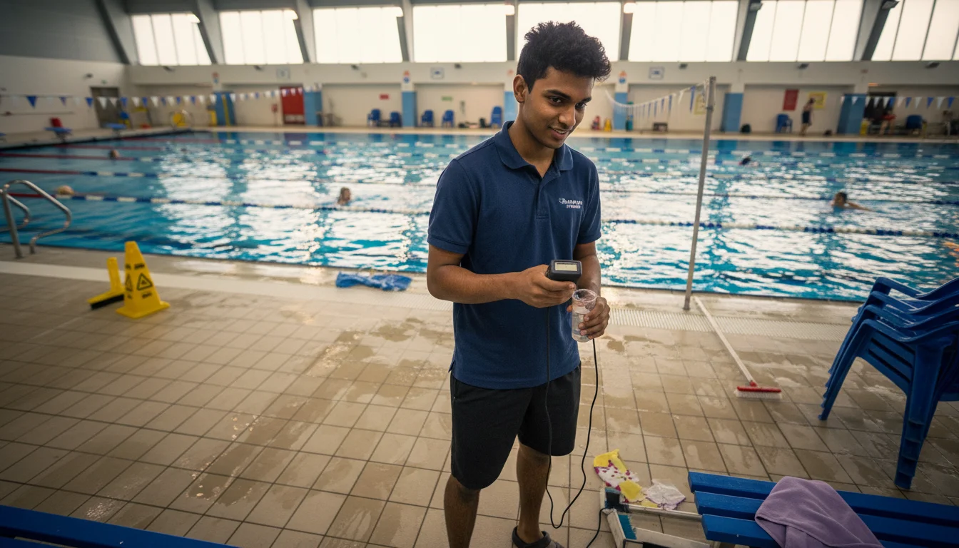 Fachangestellte für Bäderbetriebe bei der Aufsicht am Schwimmbecken