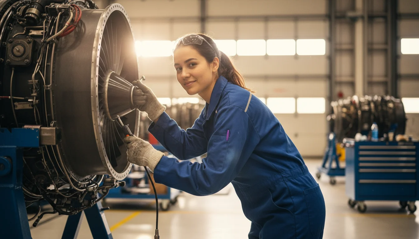 Fluggerätmechanikerin in der Fachrichtung Triebwerkstechnik bei der Montage eines Flugtriebwerks