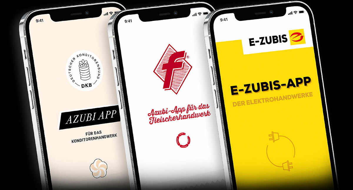 Drei Smartphones mit dem Startbildschirm der angepassten Apps für den deutschen Konditorenbund, das Fleischerhandwerk und das Elekrohandwerk 