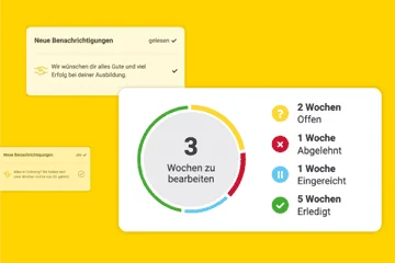 Zubido-Dashboard mit Statusübersicht und Erinnerungen für offene Berichtsheft-Wochen