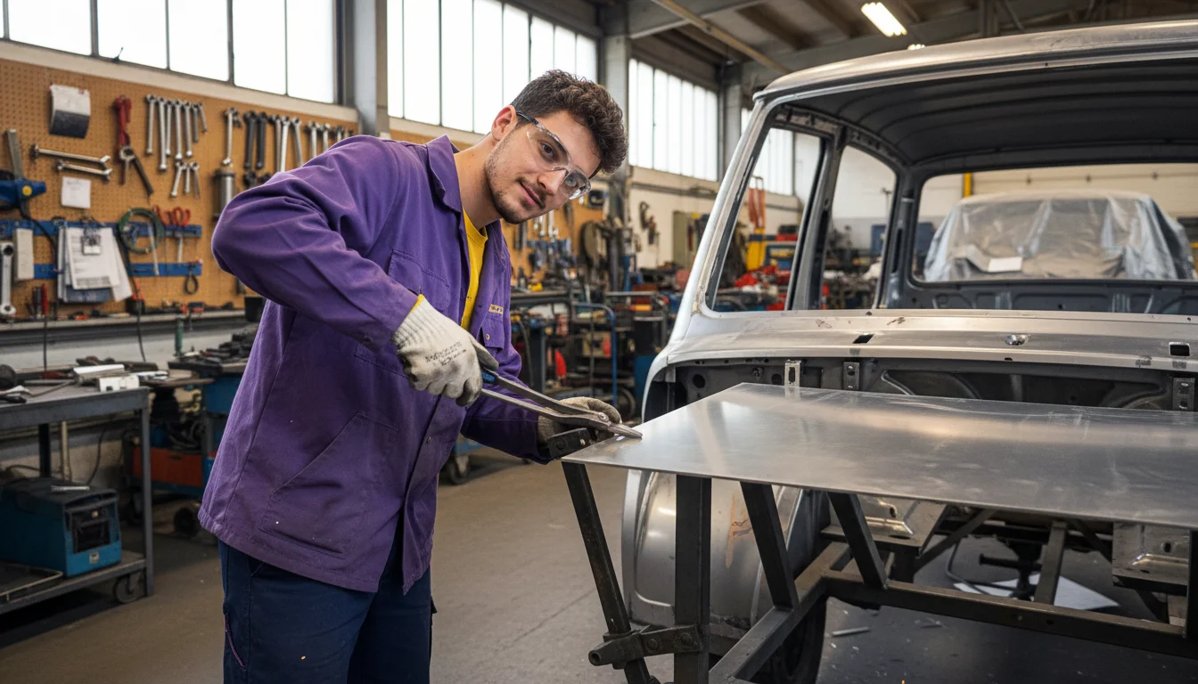 Karosserie- und Fahrzeugbaumechanikerin in der Fachrichtung Karosserie- und Fahrzeugbautechnik bei einer präzisen Arbeit am Fahrzeug