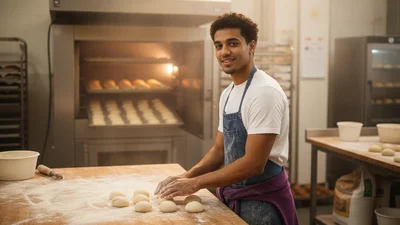Bäckerin beim Aufarbeiten eines Brotteigs in der Backstube