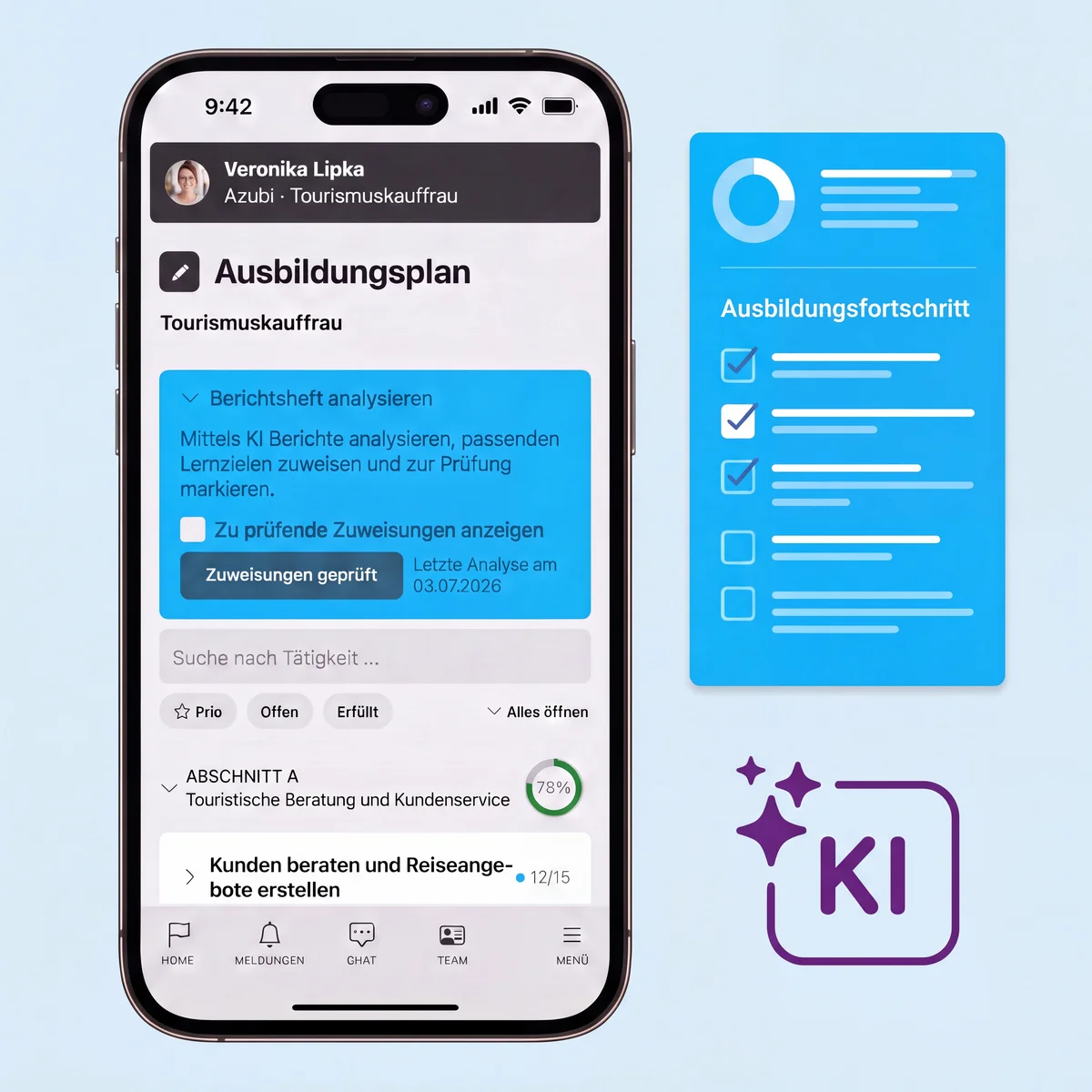 Smartphone-Ansicht der Azubi-App mit KI-Analyse von Berichtshefteinträgen und Zuordnung zu Lernzielen im Ausbildungsrahmenplan