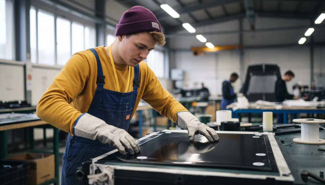 Kunststoff- und Kautschuktechnologin beim Laminieren eines Faserverbundbauteils in der Fachrichtung Faserverbundtechnologie
