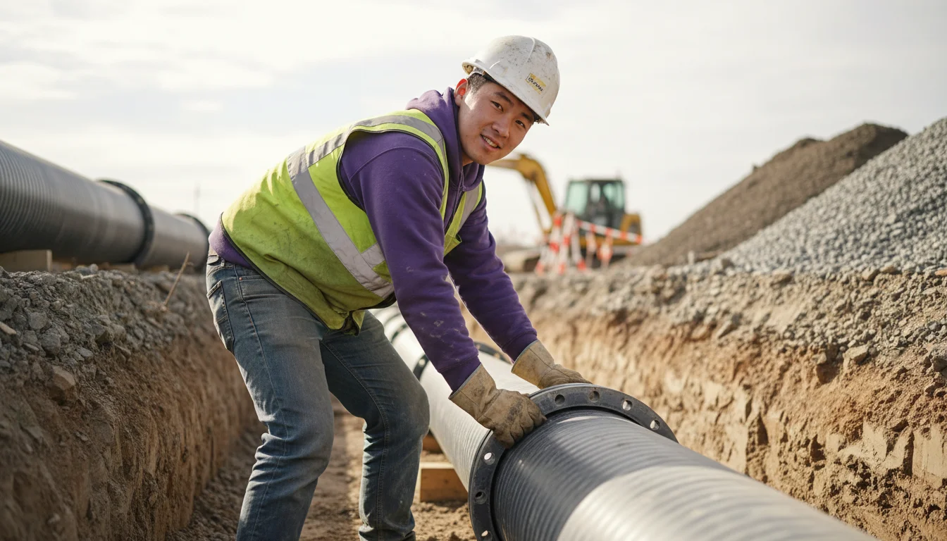 Rohrleitungsbauerin beim Einbau einer Druckrohrleitung in einem gesicherten Graben