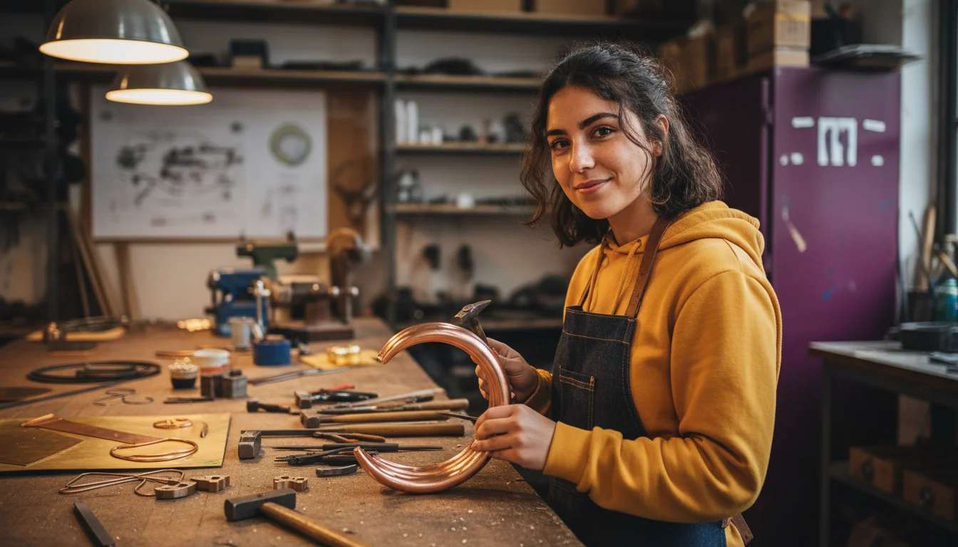 Metallbildnerin in der Fachrichtung Gürtlertechnik beim Formen eines dekorativen Metallkörpers