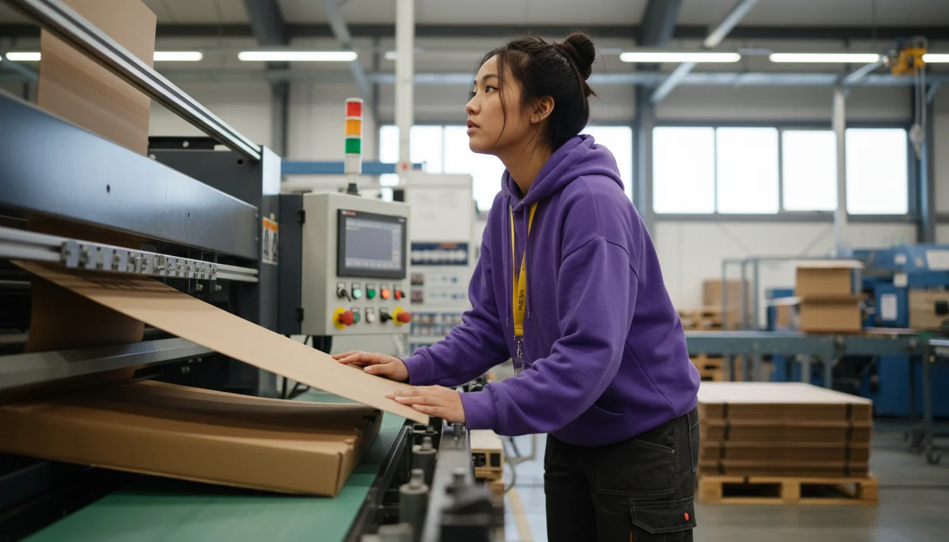 Packmitteltechnologin beim Einrichten einer Anlage für die Herstellung von Faltschachteln
