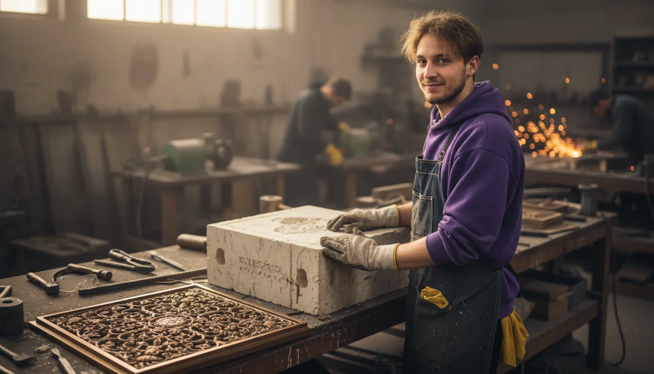 Metall- und Glockengießerin in der Fachrichtung Kunst- und Glockengusstechnik beim Vorbereiten einer Gussform