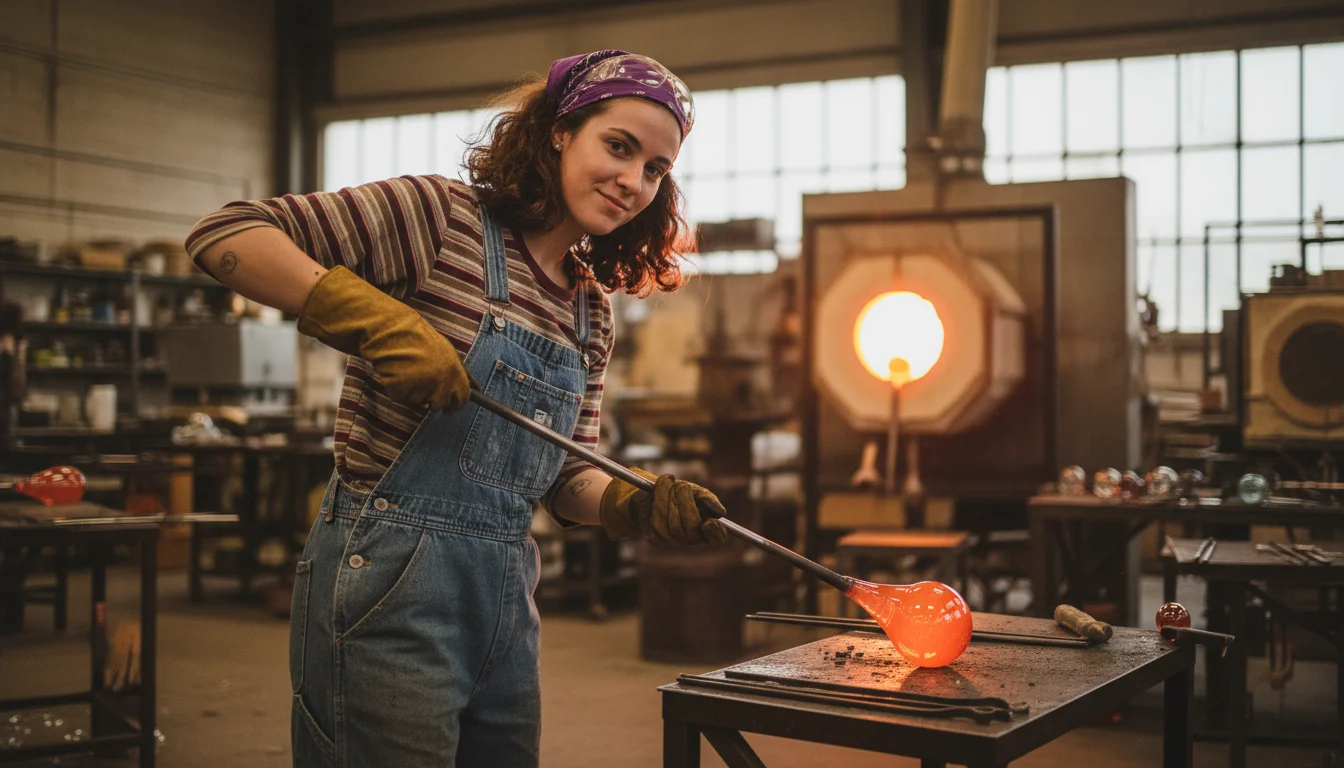 Glasmacherin beim manuellen Formen eines heißen Glaspostens an der Glasmacherpfeife