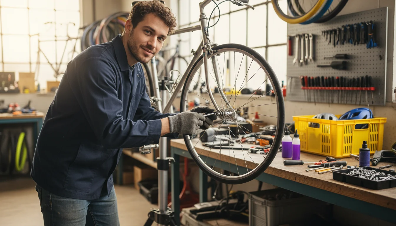 Fahrradmonteur bei der Wartung von Schaltung und Antrieb an einem Fahrrad