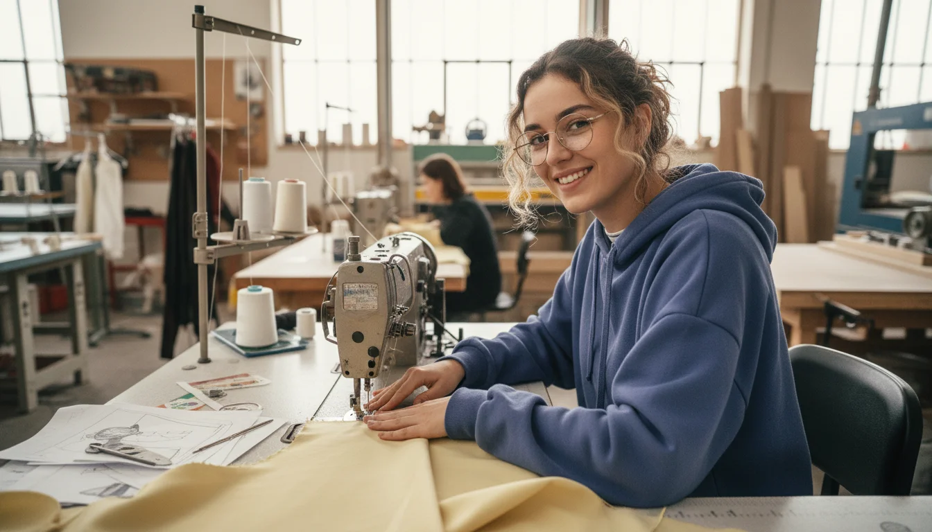 Textil- und Modenäherin beim industriellen Nähen eines Bekleidungsartikels