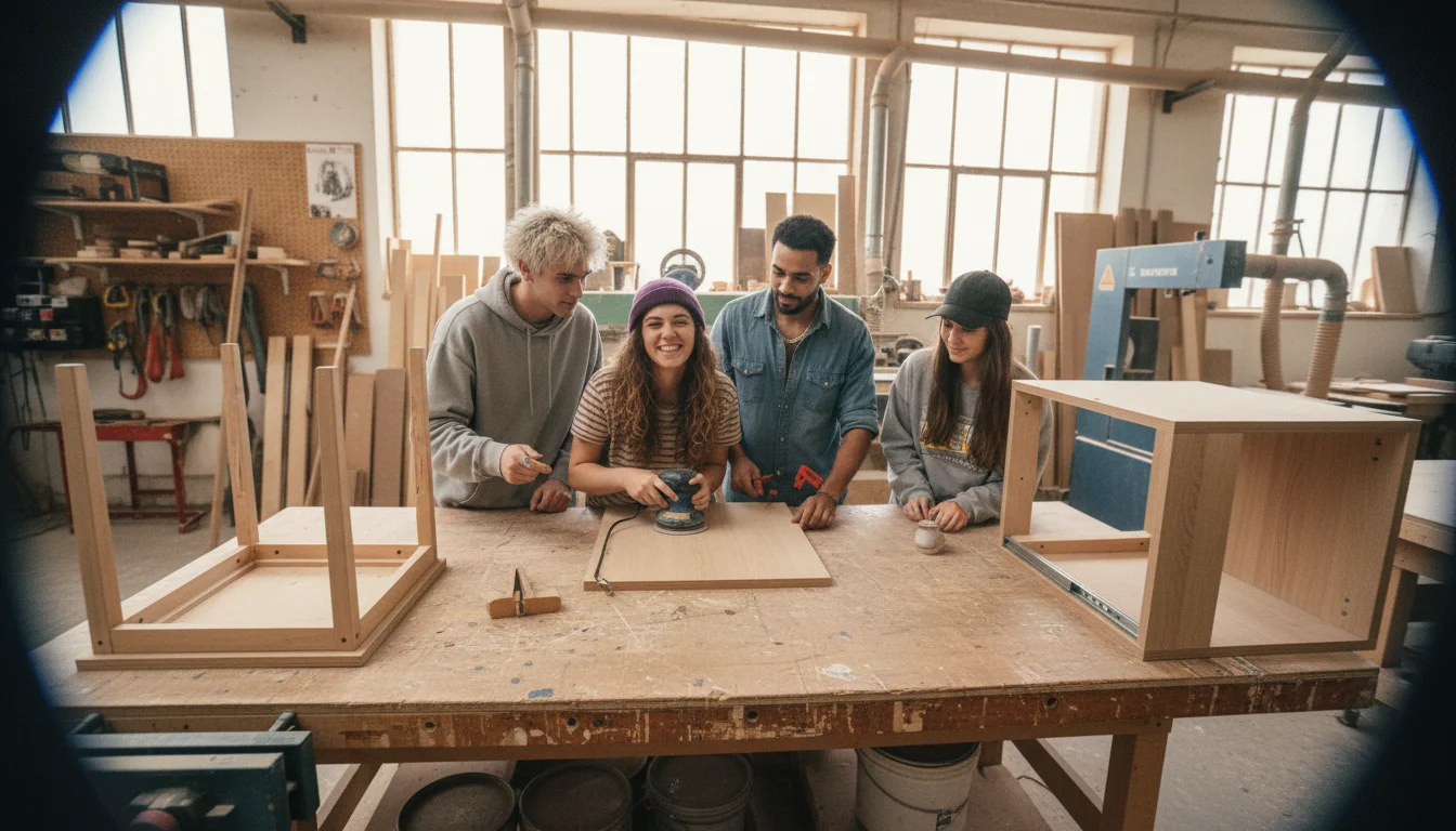 Holzmechanikerin in der Fachrichtung Herstellen von Möbeln und Innenausbauteilen bei einer präzisen Arbeit an einem Holzbauteil