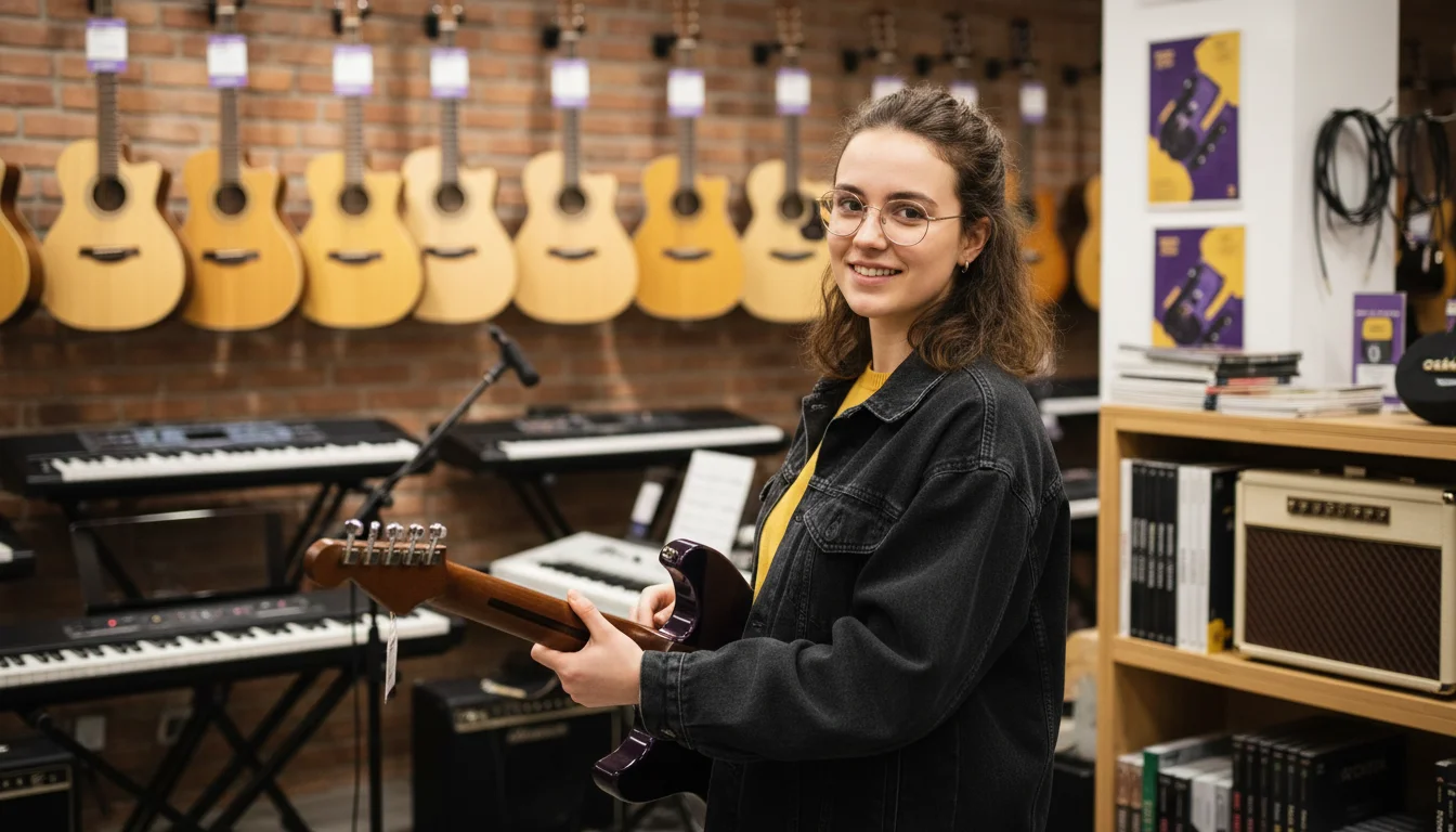 Musikfachhändlerin bei der Beratung zu Instrumenten und Noten in einem Musikgeschäft