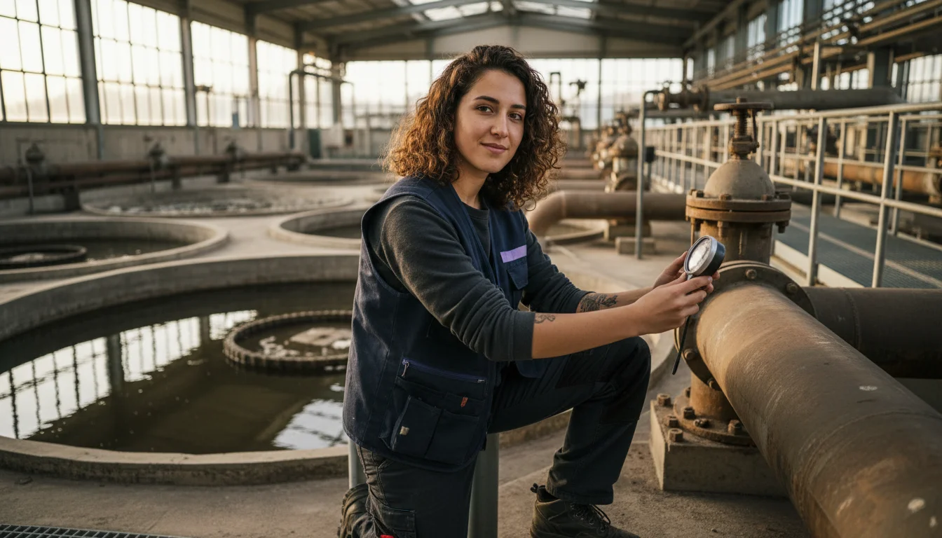 Fachkraft für Wasserwirtschaft bei der Erfassung von Messdaten an einem Gewässer