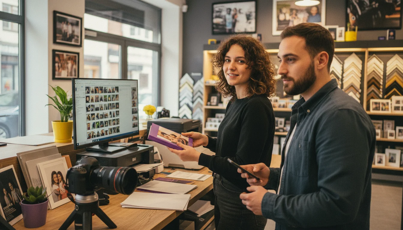 Fotomedienfachfrau bei der Kundenberatung zu Kamera und Bildausgabe in einem Fotofachgeschäft