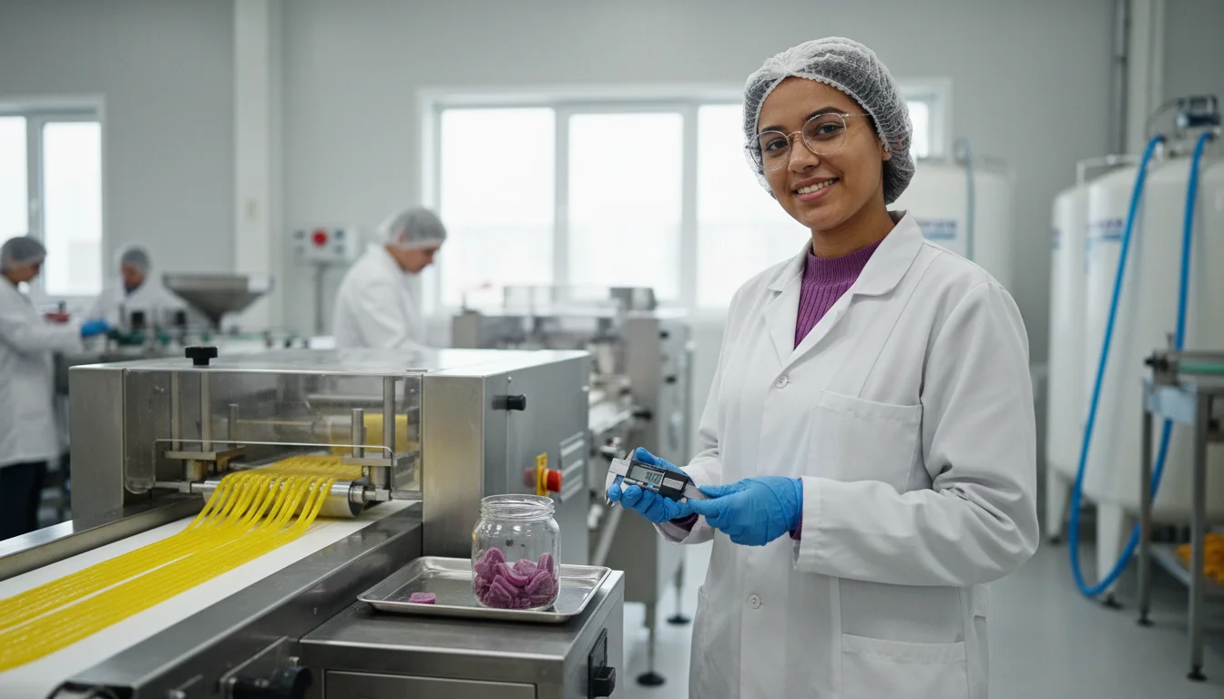 Süßwarentechnologin bei der Kontrolle einer automatisierten Schokoladenproduktion