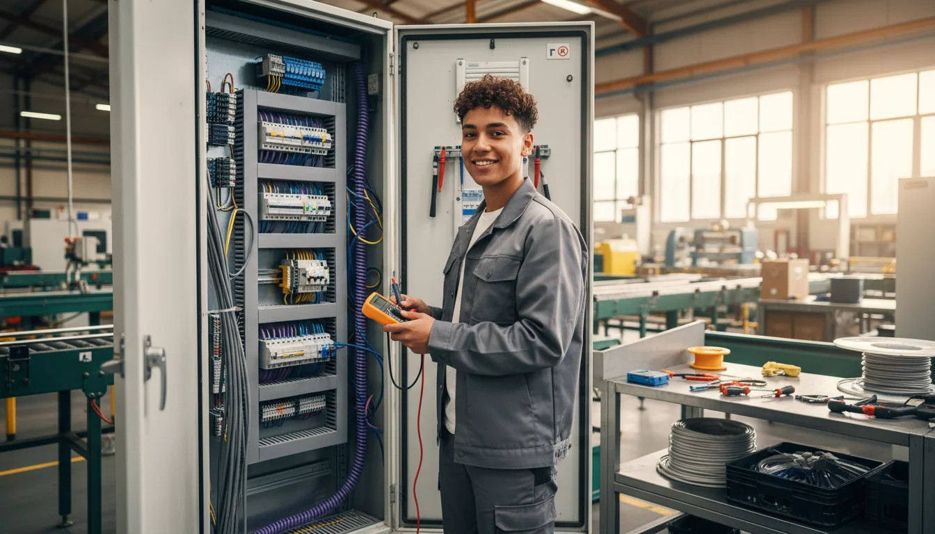 Industrieelektrikerin der Fachrichtung Betriebstechnik beim Prüfen eines industriellen Schaltschranks
