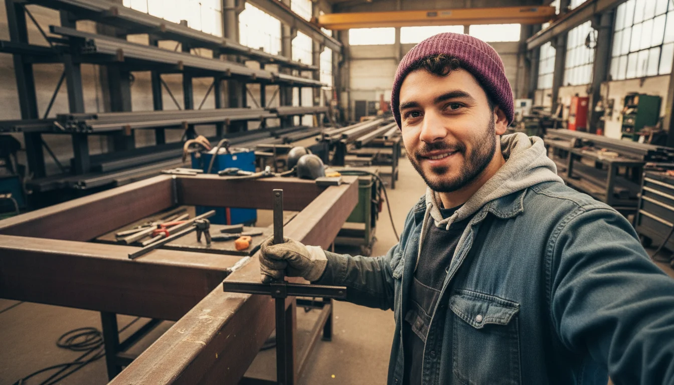 Konstruktionsmechanikerin beim Schweißen einer großen Stahlbaugruppe