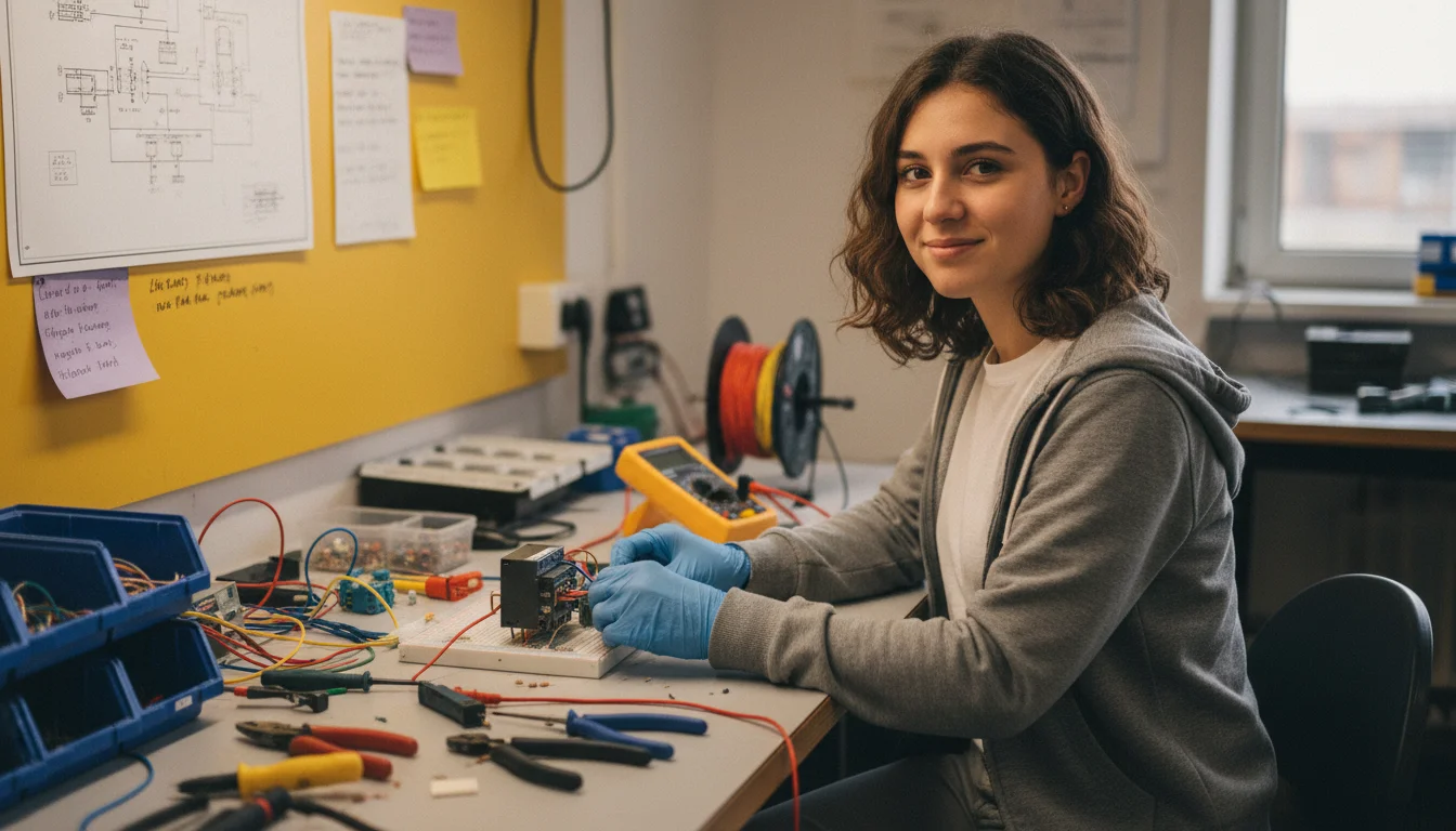 Industrieelektrikerin der Fachrichtung Geräte und Systeme beim Prüfen einer elektronischen Baugruppe