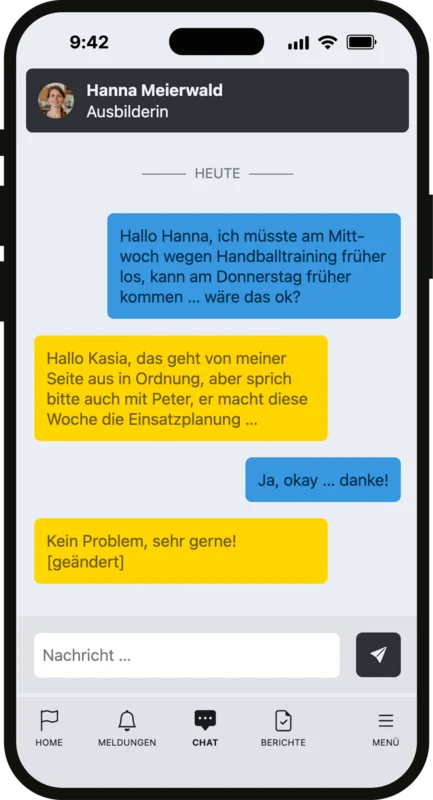 Schluss mit WhatsApp – die Berichtsheft-App bietet einen Messenger (Chatfunktion) für die Ausbildung 