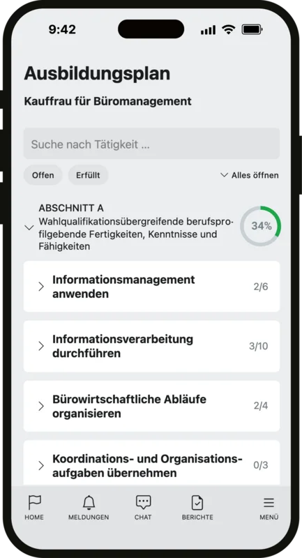 Ausbildungsrahmenplan für Kaufleute für Büromanagement in Zubido mit Lernzielen und Fortschrittsanzeige