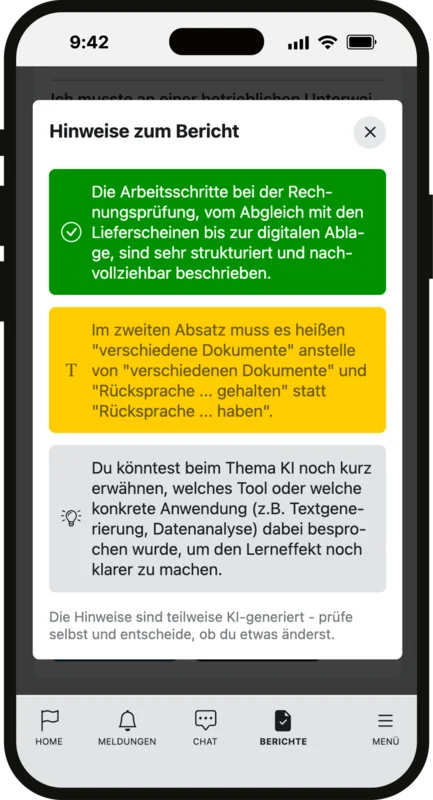 KI-Berichtsheft-Coach von Zubido mit Hinweisen zu Inhalt, Rechtschreibung und Verbesserungsmöglichkeiten