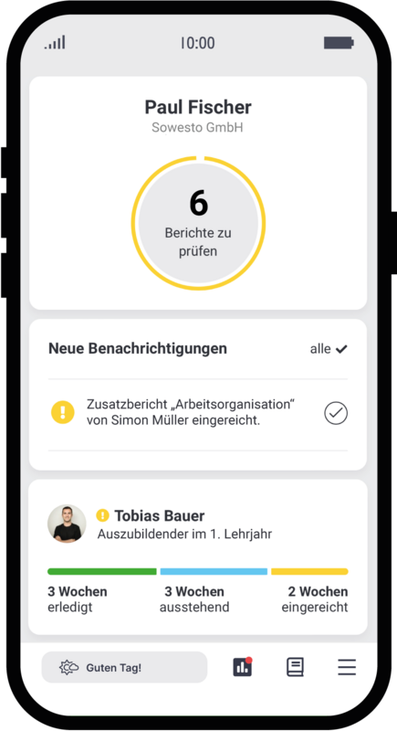 Startseite (Dashboard), Digitaler-Ausbildungsnachweis / Berichtsheft-App für Ausbilderinnen und Ausbilder mit Azubi-Status-Card und Benachrichtigung