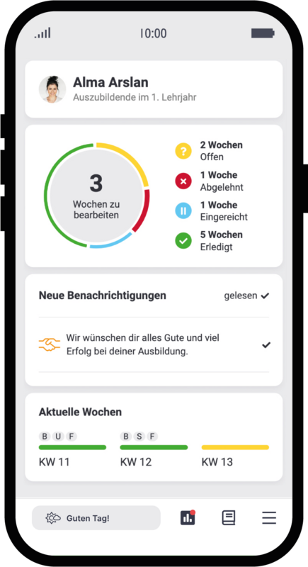 Berichtsheft-App (digitales Berichtsheft) für Azubis mit Status-Dashboard, Benachrichtigung und Wochen-Widget-Card 