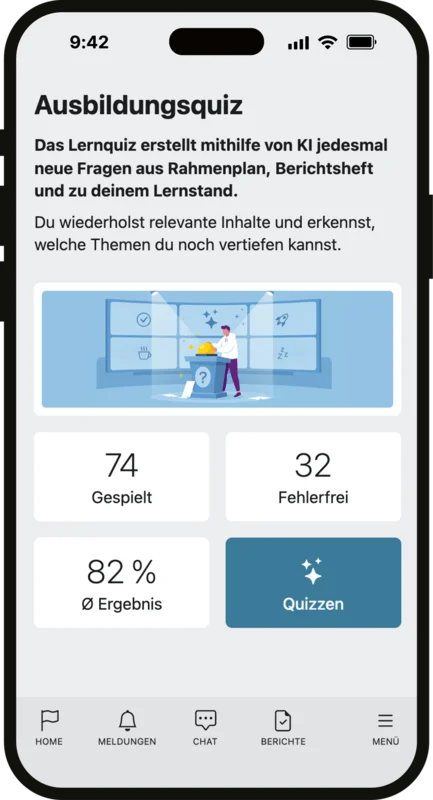 Individuelles KI-Lernquiz von Zubido mit Fragen aus Ausbildungsrahmenplan, Berichtsheft und Lernstand